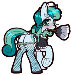 Size: 1993x2123 | Tagged: safe, artist:chiefywiffy, derpibooru import, oc, oc:prixy, unofficial characters only, pony, unicorn, clothes, colored sclera, commission, dress, duster, female, fishnet clothing, fishnets, horn, image, maid, maid headdress, mare, neck bow, png, rear view, socks, solo, stockings, thigh highs, ych result