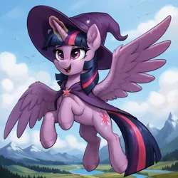 Size: 1024x1024 | Tagged: safe, ai content, derpibooru import, machine learning generated, prompter:thelight3d, stable diffusion, twilight sparkle, twilight sparkle (alicorn), alicorn, g4, chest fluff, cloud, day, ear fluff, flying, full body, generator:pony diffusion v6 xl, hat, image, jpeg, mountain, tail, wings, wizard hat