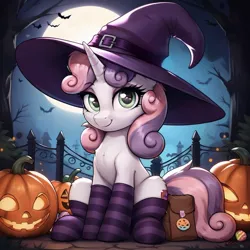 Size: 1024x1024 | Tagged: safe, ai content, derpibooru import, machine learning generated, prompter:thelight3d, stable diffusion, sweetie belle, pony, unicorn, g4, bag, generator:pony diffusion v6 xl, halloween, hat, holiday, horn, image, jpeg, moon, night, outdoors, pumpkin, sitting, stocking feet, wizard hat