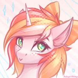 Size: 2000x2000 | Tagged: safe, artist:adagiostring, derpibooru import, oc, unofficial characters only, alicorn, bow, bust, commission, cute, female, funny, hair bow, headshot commission, image, looking at you, png, portrait, simple background, smiling, smiling at you, solo, solo female, solo focus