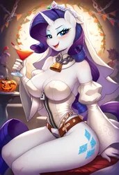 Size: 832x1216 | Tagged: suggestive, ai content, derpibooru import, generator:civitai, machine learning generated, prompter:shajoe, stable diffusion, rarity, anthro, unicorn, series:nightmare night ai costume showcase, g4, bdsm, bridal veil, bride, chains, chastity, chastity belt, clothes, cocktail, costume, detached collar, detached sleeves, dress, erect nipples, fate/extra, fate/extra ccc, fate/grand order, female, generator:pony diffusion v6 xl, glass, halloween, halloween costume, halloween party, holiday, horn, image, jewelry, jpeg, leotard, lock, necklace, nero claudius caesar augustus germanicus, nightmare night, nightmare night costume, nipple outline, pumpkin, solo, solo female, wedding dress, wedding veil, zipper