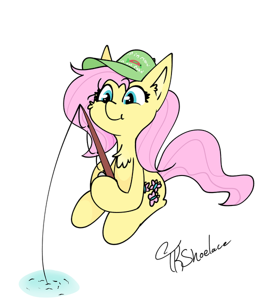 Size: 3562x4019 | Tagged: safe, artist:tkshoelace, derpibooru import, fluttershy, pony, g4, chest fluff, ear fluff, fishing, fishing rod, hat, holding, image, png, simple background, sitting, smiling, solo, text, white background