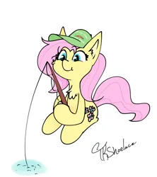 Size: 3562x4019 | Tagged: safe, artist:tkshoelace, derpibooru import, fluttershy, pony, g4, chest fluff, ear fluff, fishing, fishing rod, hat, holding, image, png, simple background, sitting, smiling, solo, text, white background