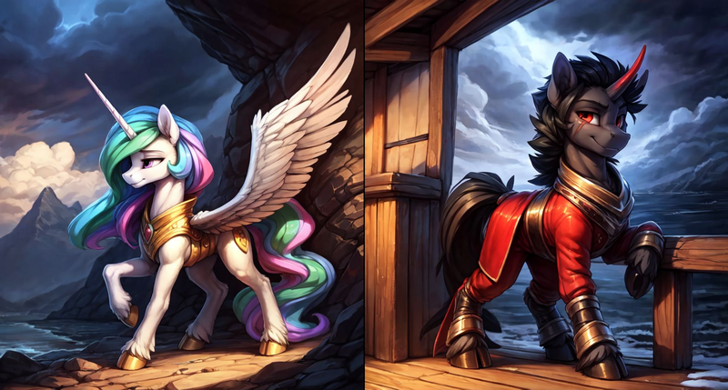 Size: 1788x958 | Tagged: safe, ai content, anonymous prompter, derpibooru import, machine learning generated, king sombra, princess celestia, alicorn, unicorn, g4, armor, clothes, colored horn, curved horn, female, gold, horn, image, male, mountain, nature, ocean, png, scar, ship:celestibra, shipping, sombra horn, straight, water