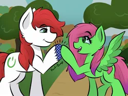 Size: 2048x1535 | Tagged: safe, artist:doodle-hooves, ponerpics import, oc, unofficial characters only, pony, duo male and female, female, happy, hoofbump, image, jpeg, looking at each other, male, mare, stallion