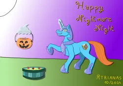 Size: 5000x3500 | Tagged: safe, artist:atrianas, derpibooru import, oc, oc:candle light, unicorn, candy, cutie mark, food, gradient background, halloween, holiday, horn, image, jack-o-lantern, magic, mlp fim's fourteenth anniversary, night, nightmare moon armor, nightmare night, png, pumpkin, simple background, telekinesis