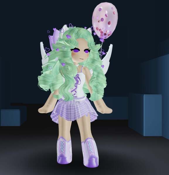 Size: 640x666 | Tagged: safe, artist:apprehensiveplace186, derpibooru import, surprise, human, g1, 3d, balloon, blushing, clothes, dress, female, floating heart, game screencap, heart, humanized, image, jpeg, roblox, sleeveless, solo, spread wings, wings