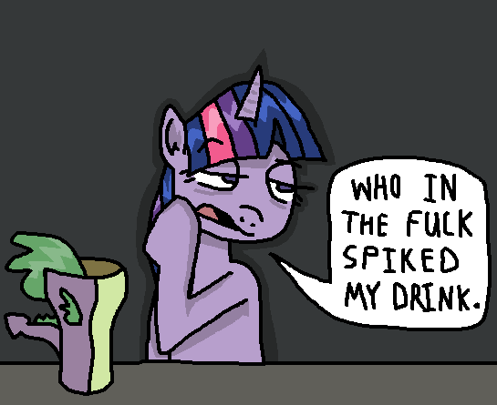 Size: 545x445 | Tagged: safe, artist:!!mvxre5ajjyp, artist:anonymous, derpibooru import, spike, twilight sparkle, pony, unicorn, g4, annoyed, drawthread, drink, duo, duo male and female, eyebrows, eyebrows visible through hair, female, fuck, image, lidded eyes, male, mare, objectification, png, pun, requested art, spiked drink, unicorn twilight, vulgar