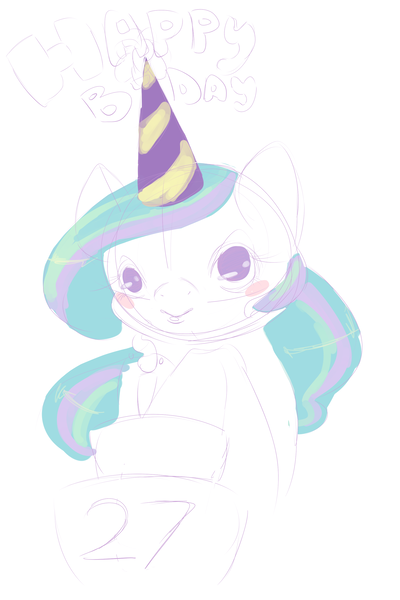 Size: 2000x3000 | Tagged: safe, artist:slime princess, derpibooru import, princess celestia, alicorn, pony, g4, 27, cake, cakelestia, drawthread, female, food, happy birthday, hat, image, looking at you, mare, party hat, png, requested art, simple background, sketch, solo, white background