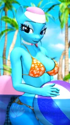 Size: 1080x1920 | Tagged: suggestive, artist:theebicduck, ponerpics import, aloe, lotus blossom, anthro, art pack:summer booty 2022, 3d, beach ball, bikini, breasts, clothes, female, image, png, solo, string bikini, swimming pool, swimsuit