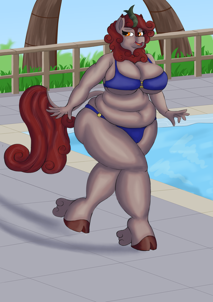 Size: 1754x2480 | Tagged: suggestive, artist:thewindking, ponerpics import, oc, oc:pepper, anthro, kirin, art pack:summer booty 2022, big breasts, bikini, breasts, chubby, clothes, female, image, kirin oc, png, solo, swimming pool, swimsuit