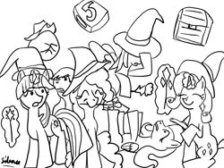 Size: 800x600 | Tagged: safe, artist:silence, derpibooru import, applejack, fluttershy, pinkie pie, rarity, twilight sparkle, earth pony, pegasus, unicorn, black and white, chest, drawthread, grayscale, horn, image, lineart, lying down, mario party, monochrome, on back, png, simple background, standing, unicorn twilight, white background