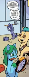 Size: 546x1421 | Tagged: safe, derpibooru import, idw, official, hitch trailblazer, unnamed character, unnamed pony, earth pony, pegasus, pony, g5, my little pony: tell your tale, spoiler:comic, spoiler:g5, spoiler:g5comic, axe, clock, female, image, male, mare, my little pony: the storm of zephyr heights, official comic, png, screwdriver, stallion, the storm of zephyr heights #2, weapon