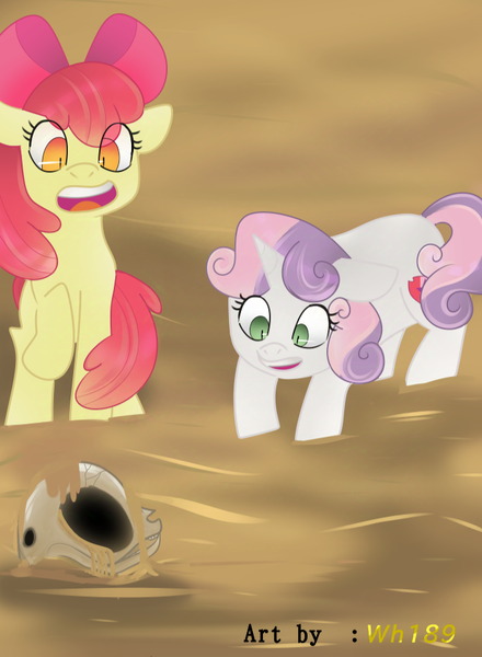 Size: 682x930 | Tagged: safe, artist:wh189, derpibooru import, apple bloom, scootaloo, sweetie belle, g4, apple family member, confused, cutie mark crusaders, dirty, image, png, scared, skull, story art