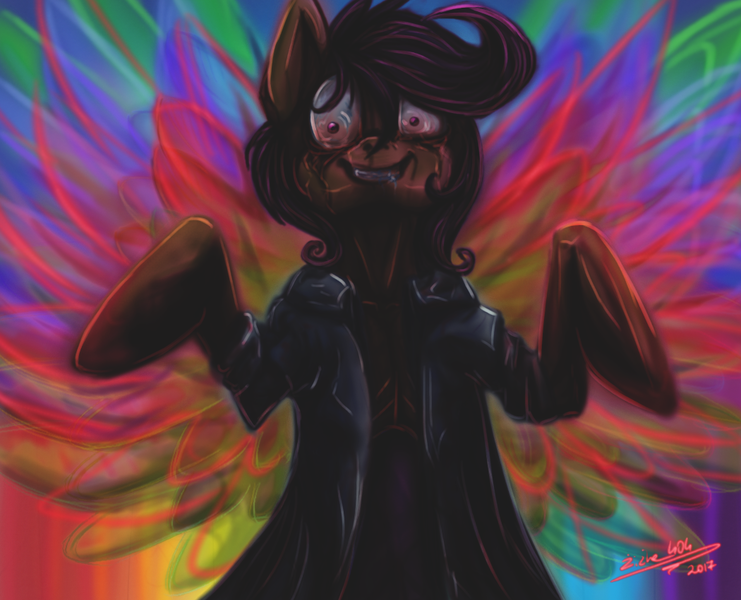 Size: 1050x850 | Tagged: grimdark, artist:mikser404, derpibooru import, scootaloo, pegasus, pony, fanfic:pegasus device, fanfic:rainbow factory, g4, 2017, absentia, arms in the air, bad end, blood, bloodshot eyes, clothes, colors, curly mane, detailed, evil, evil scootaloo, eviloo, factory scootaloo, fanfic art, female, filly, foal, image, in the rainbow factory, insanity, lab coat, liquid rainbow, looking at you, looking down, looking down at you, pegasus device, png, rainbow factory worker, rainbow factory worker scootaloo, red eyes, shading, shrunken pupils, signature, smiling, spectra, teeth, this will end in death