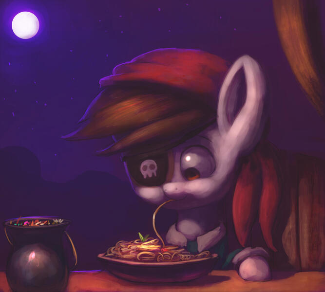 Size: 2581x2323 | Tagged: safe, artist:raikoh, derpibooru import, pipsqueak, earth pony, pony, g4, colt, commission, cute, detailed, eating, foal, food, image, jpeg, male, moon, night, pasta, pipsqueak eating spaghetti, sky, solo, spaghetti, squeakabetes, stars