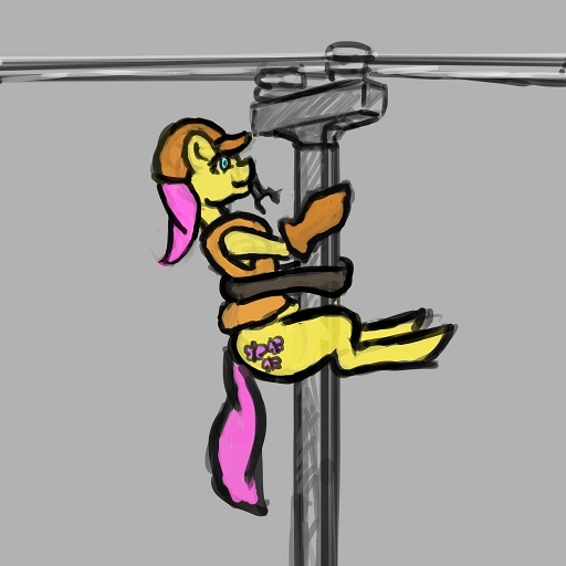 Size: 512x512 | Tagged: safe, artist:anonymous, derpibooru import, fluttershy, pegasus, pony, g4, belt, clothes, drawthread, engineer, female, gloves, hard hat, hat, holding on, image, jpeg, mare, mouth hold, pole, power line, pun, requested art, utility pole, vest, visual pun, wrench