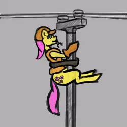 Size: 512x512 | Tagged: safe, artist:anonymous, derpibooru import, fluttershy, pegasus, pony, g4, belt, clothes, drawthread, engineer, female, gloves, hard hat, hat, holding on, image, jpeg, mare, mouth hold, pole, power line, pun, requested art, utility pole, vest, visual pun, wrench