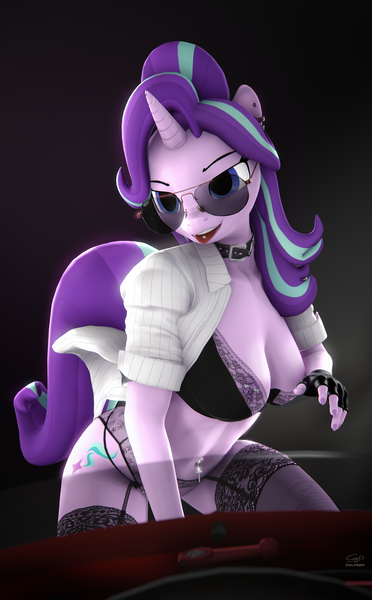 Size: 2160x3484 | Tagged: questionable, artist:calveen, ponerpics import, starlight glimmer, anthro, art pack:pin-up paradise 2022, 3d, bra, breasts, clothes, female, glasses, image, nipple piercing, nipples, nudity, open mouth, piercing, png, solo, underwear