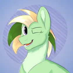 Size: 2048x2048 | Tagged: safe, artist:vendette, derpibooru import, oc, oc:jitterbug, unofficial characters only, earth pony, pony, blonde, blonde hair, blonde mane, blue background, bust, green, green fur, icon, image, looking at you, one eye closed, png, purple eyes, simple background, smiling, smiling at you, solo, wink, winking at you