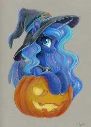 Size: 1005x1400 | Tagged: safe, artist:maytee, derpibooru import, princess luna, alicorn, pony, g4, bust, halloween, hat, holiday, image, jack-o-lantern, jpeg, nightmare night, portrait, pumpkin, solo, traditional art, witch hat