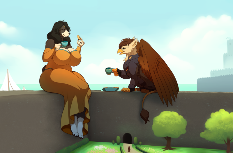 Size: 1280x844 | Tagged: safe, artist:muramuri, derpibooru import, oc, oc:callista, oc:darien platecrête, unofficial characters only, anthro, digitigrade anthro, dog, gryphon, castle, clothes, cup, dress, griffon oc, image, macro, png, sky, teacup, uniform