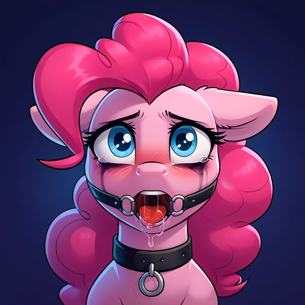 Size: 1024x1024 | Tagged: questionable, ai content, derpibooru import, machine learning generated, prompter:datboi803, pinkie pie, earth pony, bondage, bust, collar, drool, gag, image, looking at you, makeup, open mouth, png, portrait, ring gag, running makeup, solo, teary eyes