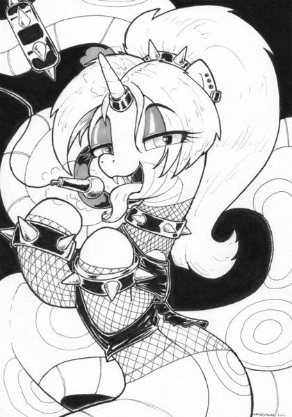 Size: 3238x4629 | Tagged: safe, artist:whiskeypanda, derpibooru import, oc, oc:lumo, original species, snake, snake pony, bracelet, clothes, collar, commission, ear piercing, eyeshadow, fishnet clothing, forked tongue, headband, horn, horn ring, image, ink drawing, jewelry, lidded eyes, looking at you, makeup, microphone, open mouth, piercing, png, punk, raised eyebrows, ring, shirt, signature, simple background, singing, spiked collar, spiked headband, spiked wristband, spikes, t-shirt, tongue out, traditional art, wristband