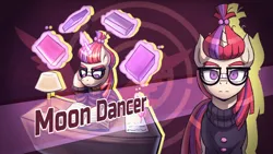 Size: 1920x1080 | Tagged: safe, artist:bkiltersot, derpibooru import, moondancer, pony, unicorn, g4, book, danganronpa, female, glasses, horn, image, lamp, magic, mare, png, quill, reading, solo, text