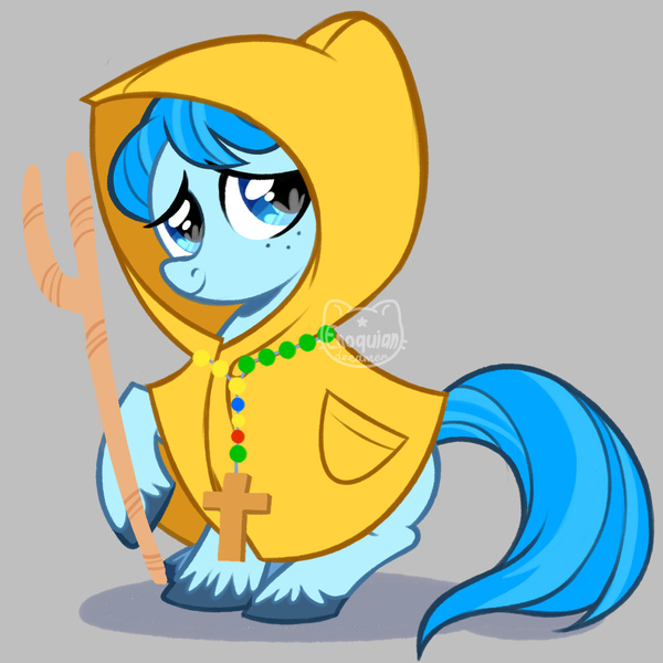 Size: 1240x1240 | Tagged: safe, artist:enochian, derpibooru import, earth pony, pony, g4, cane, cross, cross necklace, fanart, female, filly, foal, full body, gray background, image, jewelry, jpeg, jubilee 2025, luce, meme, necklace, ponified meme, raincoat, simple background, solo, unshorn fetlocks, vatican, watermark