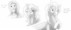 Size: 1280x553 | Tagged: safe, artist:dexterthekobold, derpibooru import, oc, oc:slade, unofficial characters only, alicorn, human, pony, alicorn oc, bust, horn, human to pony, image, jpeg, male to female, monochrome, rule 63, sketch, transformation, transgender transformation, vulgar, wings