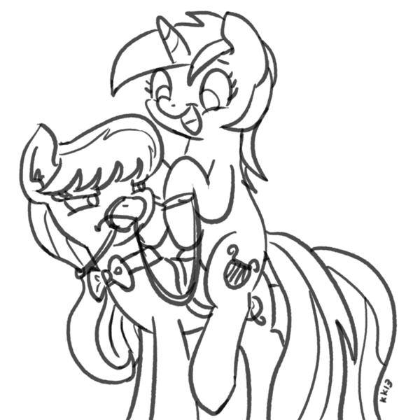 Size: 800x800 | Tagged: artist needed, safe, derpibooru import, lyra heartstrings, octavia melody, earth pony, pony, unicorn, g4, black and white, bowtie, bridle, drawthread, female, grayscale, horn, image, lineart, lyra riding octavia, mare, monochrome, octavia is not amused, open mouth, open smile, png, ponies riding ponies, requested art, riding, riding a pony, signature, simple background, smiling, standing, tack, unamused, white background