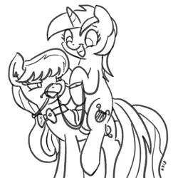 Size: 800x800 | Tagged: artist needed, safe, derpibooru import, lyra heartstrings, octavia melody, earth pony, pony, unicorn, g4, black and white, bowtie, bridle, drawthread, female, grayscale, horn, image, lineart, lyra riding octavia, mare, monochrome, octavia is not amused, open mouth, open smile, png, ponies riding ponies, requested art, riding, riding a pony, signature, simple background, smiling, standing, tack, unamused, white background