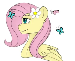 Size: 1600x1300 | Tagged: safe, artist:thecringeypone, derpibooru import, fluttershy, butterfly, insect, pony, bust, flower, flower in hair, image, png, portrait, simple background, solo, white background