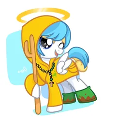 Size: 682x700 | Tagged: safe, artist:咕某人r, derpibooru import, oc, ponified, pegasus, pony, ;d, abstract background, boots, cane, clothes, cosplay, costume, cross, cross necklace, dirty, female, filly, foal, full body, halo, holding, image, jewelry, luce, necklace, one eye closed, open mouth, open smile, png, raincoat, shoes, show accurate, signature, smiling, solo, vatican, wink