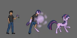 Size: 2000x1000 | Tagged: safe, artist:tomek1000, derpibooru import, twilight sparkle, oc, oc:acesential, human, pony, unicorn, g4, confused, coughing, female, gray background, horn, human male, human to pony, image, male, male to female, mare, perfume, png, rule 63, simple background, solo, transformation, transformation sequence, transgender transformation, unicorn twilight