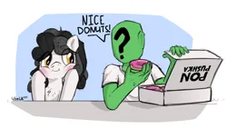 Size: 1830x1042 | Tagged: safe, artist:uteuk, derpibooru import, oc, oc:anon, oc:pon-pushka, unofficial characters only, earth pony, human, pony, blushing, box, clothes, donut, female, food, image, looking at each other, looking at someone, mare, png, pon-pushka, shirt, t-shirt, text