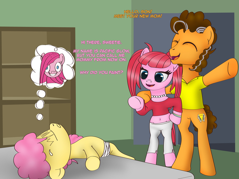 Size: 3072x2304 | Tagged: safe, artist:anonymousandrei, derpibooru import, cheese sandwich, li'l cheese, pacific glow, pinkie pie, earth pony, pony, comic:life of li'l cheese, g4, bedroom, colt, derpibooru exclusive, dialogue, faint, father and child, father and son, female, foal, image, jpeg, male, mare, older, older cheese sandwich, older pinkie pie, pacificheese, pinkamena diane pie, stallion, stepmother, straight, talking, thought bubble, trio