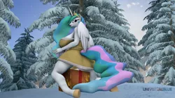 Size: 1920x1080 | Tagged: suggestive, artist:universalblue, ponerpics import, princess celestia, anthro, art pack:winter wonderland 2022, 3d, breasts, christmas, christmas sweater, clothes, female, holiday, image, png, present, solo, solo female, sweater