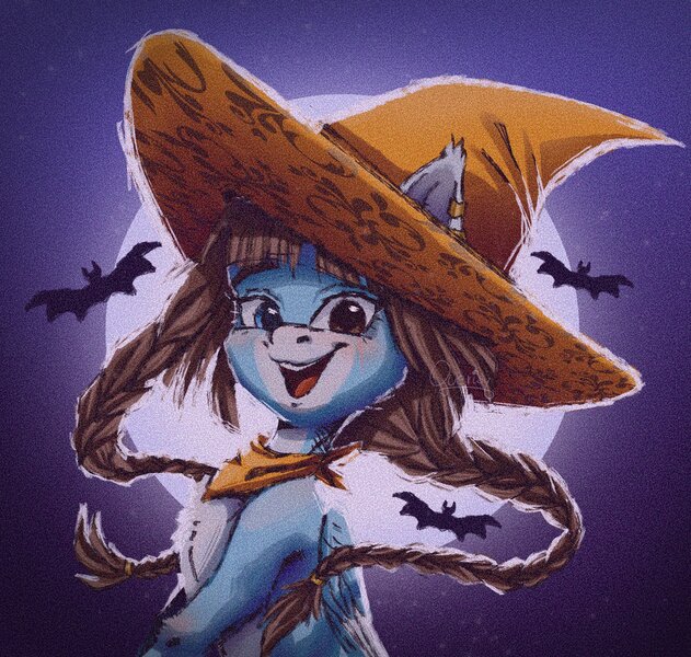 Size: 2000x1902 | Tagged: safe, artist:querisyart, derpibooru import, oc, oc:querisy, unofficial characters only, bat, pegasus, pony, braid, bust, female, full moon, halloween, hat, heterochromia, holiday, image, jpeg, looking at you, mare, moon, night, portrait, smiling, smiling at you, solo, witch hat