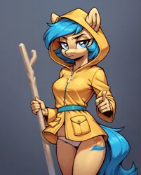 Size: 1272x1584 | Tagged: suggestive, ai content, anonymous prompter, derpibooru import, machine learning generated, stable diffusion, oc, ponified, unofficial characters only, anthro, pony, cane, clothes, costume, cross, cross necklace, female, generator:pony diffusion v6 xl, halo, image, jewelry, luce, necklace, panties, png, raincoat, simple background, solo, stop right there criminal scum, underwear, vatican