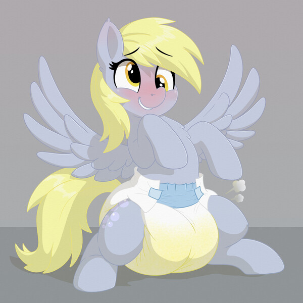 Size: 2000x2000 | Tagged: questionable, artist:nineplusten, derpibooru import, derpy hooves, pegasus, pony, g4, air pushed out of diaper, blushing, chest fluff, diaper, diaper fetish, ear fluff, female, fetish, image, jpeg, mare, non-baby in diaper, poofy diaper, sitting, smiling, solo, spread legs, spread wings, spreading, wet diaper, wings