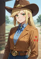 Size: 2560x3712 | Tagged: safe, ai content, derpibooru import, generator:perfect pony xl, machine learning generated, prompter:massbrainimpact, applejack, human, belt, clothes, cowboy hat, hat, humanized, image, jacket, jpeg, shirt