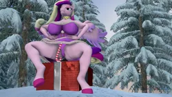 Size: 1920x1080 | Tagged: suggestive, artist:universalblue, ponerpics import, princess cadance, anthro, art pack:winter wonderland 2022, 3d, bikini, bikini bottom, breasts, christmas, christmas sweater, clothes, female, holiday, image, png, sitting, solo, sweater, swimsuit