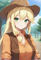 Size: 2560x3712 | Tagged: safe, ai content, derpibooru import, generator:hassaku xl, machine learning generated, prompter:massbrainimpact, applejack, human, clothes, cowboy hat, hat, humanized, image, jacket, jpeg, ponytail, shirt