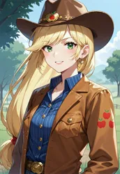 Size: 2560x3712 | Tagged: safe, ai content, derpibooru import, generator:wai-ani-nsfw-ponyxl, machine learning generated, prompter:massbrainimpact, applejack, human, belt, clothes, cowboy hat, hat, humanized, image, jacket, jpeg, shirt, striped shirt