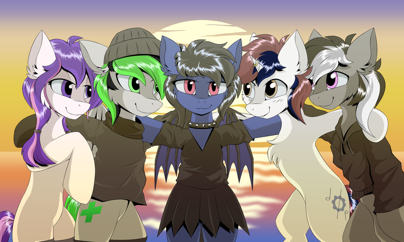 Size: 2000x1200 | Tagged: safe, artist:hovawant, derpibooru import, oc, oc:hasegawa kazumi, oc:kenn, oc:metronome circuit, oc:nighty, oc:zero shadow, unofficial characters only, bat pony, earth pony, pegasus, unicorn, bat pony oc, bat wings, beanie, black and white mane, black mane, black tail, brown and blue mane, brown and blue tail, clothes, collar, cutie mark, earth pony oc, eyelashes, eyeshadow, female, folded wings, green and black mane, green eyes, green tail, group hug, hat, hoodie, horn, horn ring, hug, image, jewelry, looking at each other, looking at someone, looking at you, magenta eyes, makeup, male, pegasus oc, png, purple eyes, ring, shirt, skirt, smiling, socks, spiked collar, sunset, tail, unicorn oc, violet and pink hair, violet and pink tail, violet eyes, wings, yellow eyes