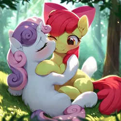 Size: 2048x2048 | Tagged: safe, ai content, derpibooru import, machine learning generated, prompter:ranserthus, stable diffusion, apple bloom, sweetie belle, earth pony, pony, unicorn, g4, adorabloom, blushing, cute, diasweetes, duo, duo female, female, filly, foal, generator:pony diffusion v6 xl, horn, hug, image, jpeg, kiss on the cheek, kissing, lesbian, outdoors, ship:sweetiebloom, shipping, weapons-grade cute