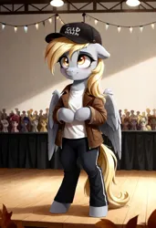 Size: 800x1169 | Tagged: safe, ai content, derpibooru import, machine learning generated, prompter:gregorymars, stable diffusion, derpy hooves, pegasus, pony, semi-anthro, g4, 8 mile, bipedal, cap, clothes, crowd, denim, female, generator:pony diffusion v6 xl, hat, image, indoors, jacket, jpeg, mare, pants, rap battle, shirt, solo focus, stage, standing, t-shirt