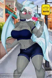 Size: 1365x2048 | Tagged: suggestive, artist:stainedglasslighthea, derpibooru import, oc, oc:lotus fang, unofficial characters only, anthro, big breasts, blushing, bra, breasts, city, clothes, female, fishnet clothing, food, image, jpeg, midriff, outdoors, popsicle, road, sexy, shorts, sky, smiling, solo, street, thighs, underwear